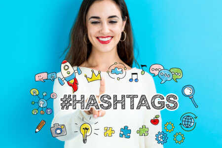 Hashtags young woman on a blue background