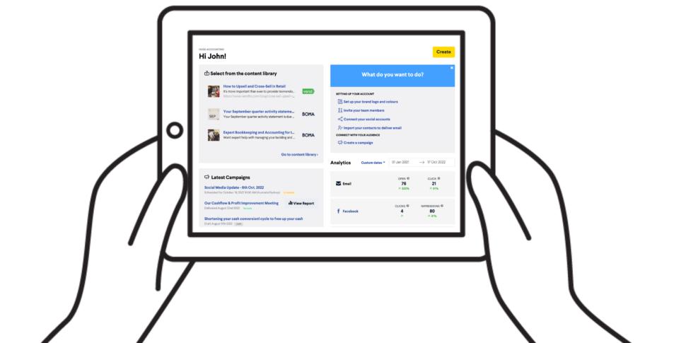 Illustration of a tablet showing a business analytics dashboard with a 'Hi John!' greeting and multiple panels, including a content library and analytics sections.