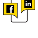 Smartphone with yellow speech bubbles displaying Facebook and LinkedIn logos, indicating mobile social sharing or connections.