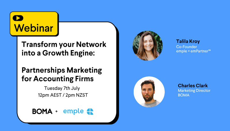 Webinar banner announcing 'Transform your Network into a Growth Engine: Partnerships Marketing for Accounting Firms' with date/time and speaker headshots on a blue background.